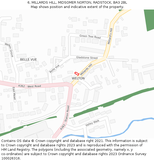 6, MILLARDS HILL, MIDSOMER NORTON, RADSTOCK, BA3 2BL: Location map and indicative extent of plot
