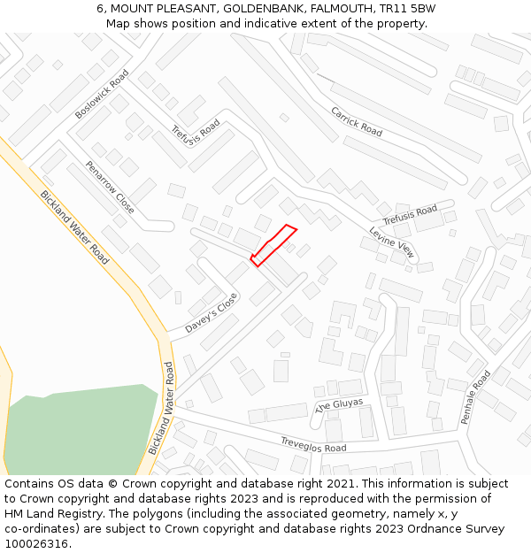 6, MOUNT PLEASANT, GOLDENBANK, FALMOUTH, TR11 5BW: Location map and indicative extent of plot