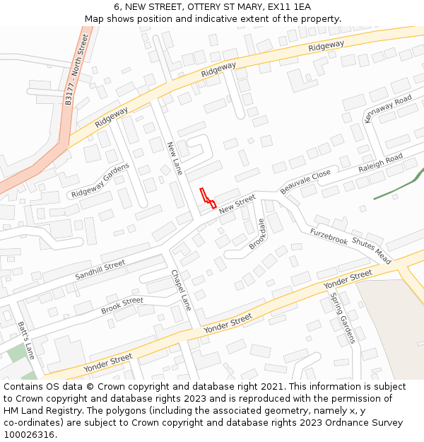 6, NEW STREET, OTTERY ST MARY, EX11 1EA: Location map and indicative extent of plot