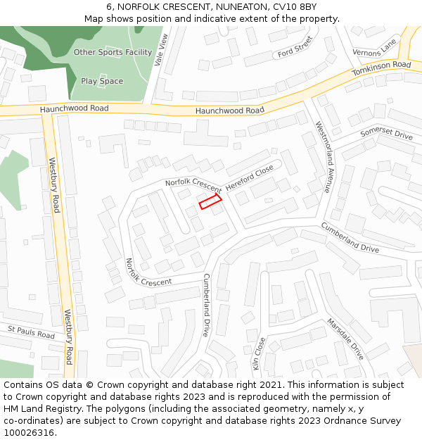 6, NORFOLK CRESCENT, NUNEATON, CV10 8BY: Location map and indicative extent of plot