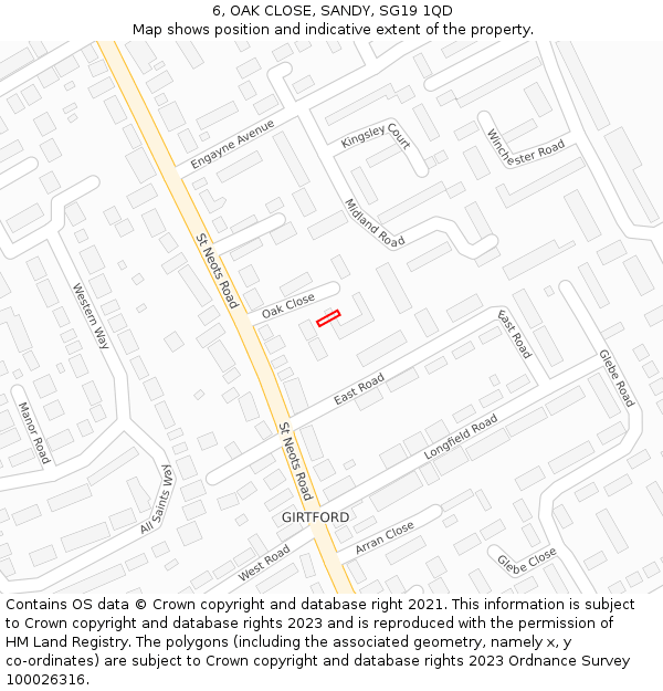 6, OAK CLOSE, SANDY, SG19 1QD: Location map and indicative extent of plot