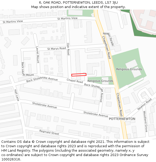 6, OAK ROAD, POTTERNEWTON, LEEDS, LS7 3JU: Location map and indicative extent of plot