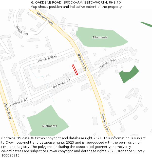 6, OAKDENE ROAD, BROCKHAM, BETCHWORTH, RH3 7JX: Location map and indicative extent of plot