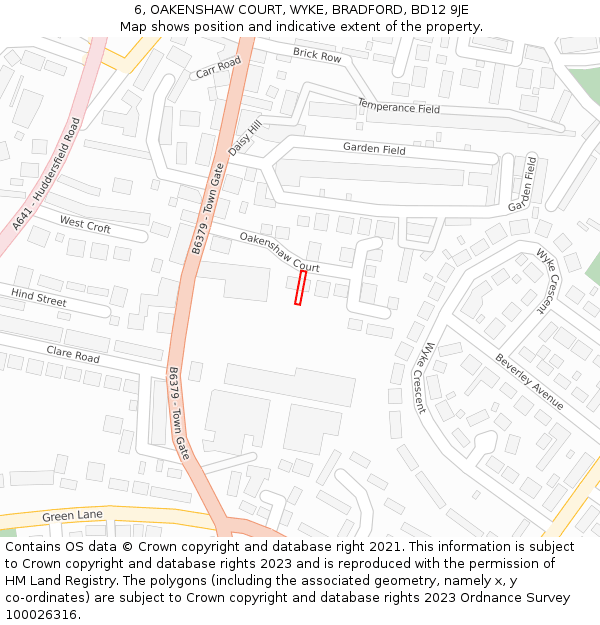 6, OAKENSHAW COURT, WYKE, BRADFORD, BD12 9JE: Location map and indicative extent of plot