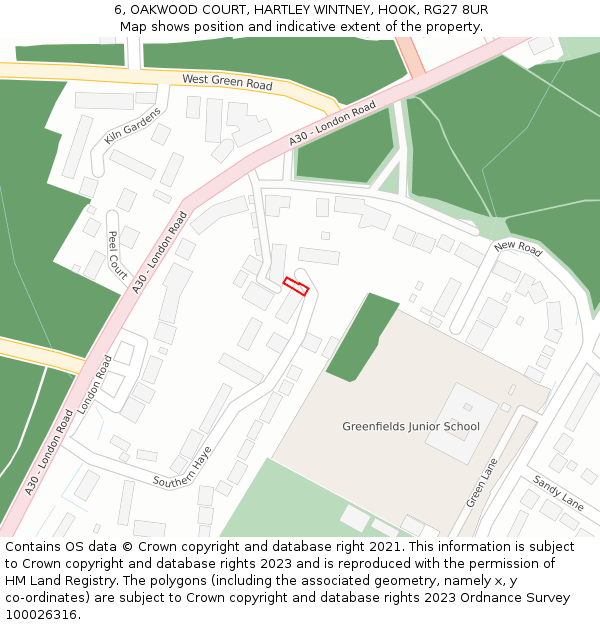 6, OAKWOOD COURT, HARTLEY WINTNEY, HOOK, RG27 8UR: Location map and indicative extent of plot