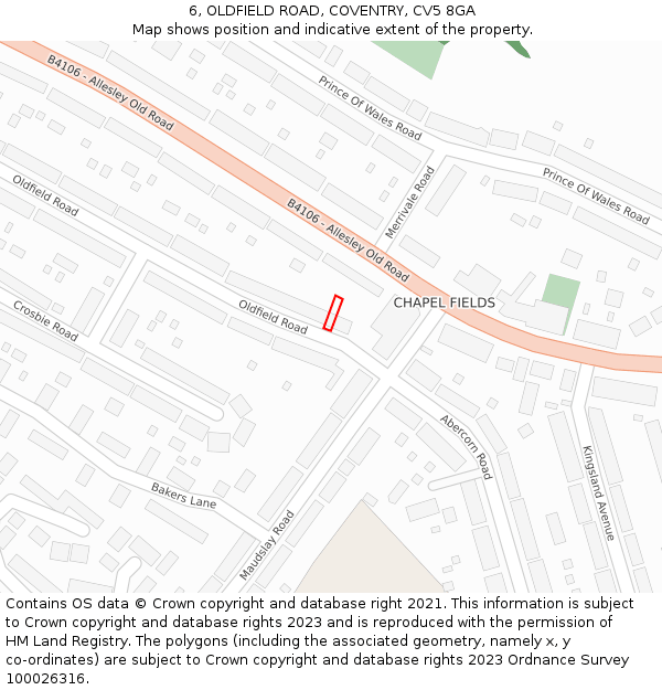 6, OLDFIELD ROAD, COVENTRY, CV5 8GA: Location map and indicative extent of plot