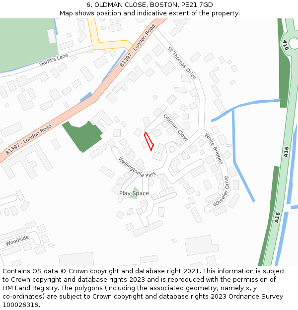 6, OLDMAN CLOSE, BOSTON, PE21 7GD: Location map and indicative extent of plot