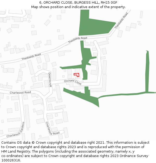 6, ORCHARD CLOSE, BURGESS HILL, RH15 0GF: Location map and indicative extent of plot