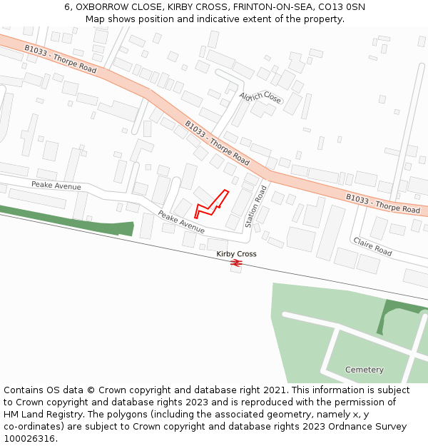 6, OXBORROW CLOSE, KIRBY CROSS, FRINTON-ON-SEA, CO13 0SN: Location map and indicative extent of plot