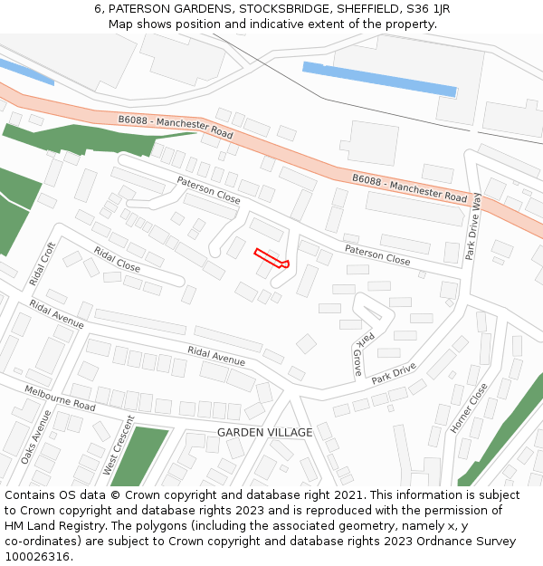 6, PATERSON GARDENS, STOCKSBRIDGE, SHEFFIELD, S36 1JR: Location map and indicative extent of plot