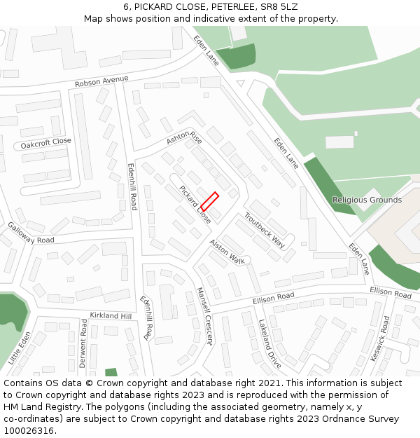 6, PICKARD CLOSE, PETERLEE, SR8 5LZ: Location map and indicative extent of plot