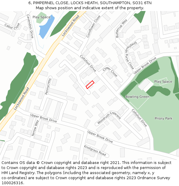 6, PIMPERNEL CLOSE, LOCKS HEATH, SOUTHAMPTON, SO31 6TN: Location map and indicative extent of plot