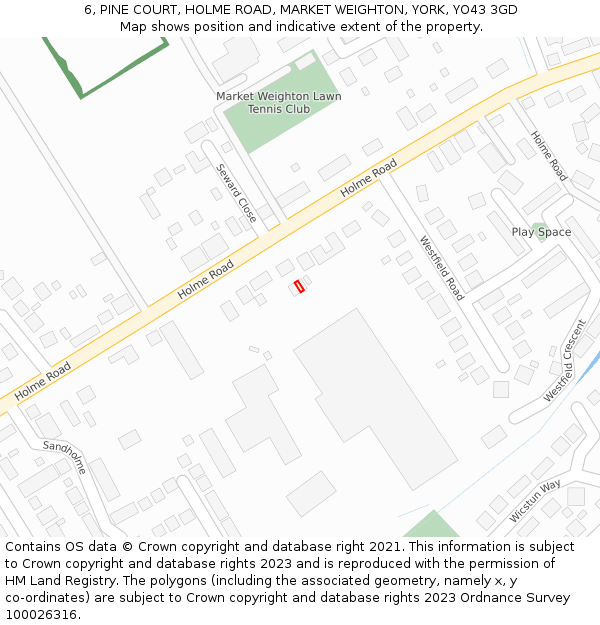 6, PINE COURT, HOLME ROAD, MARKET WEIGHTON, YORK, YO43 3GD: Location map and indicative extent of plot