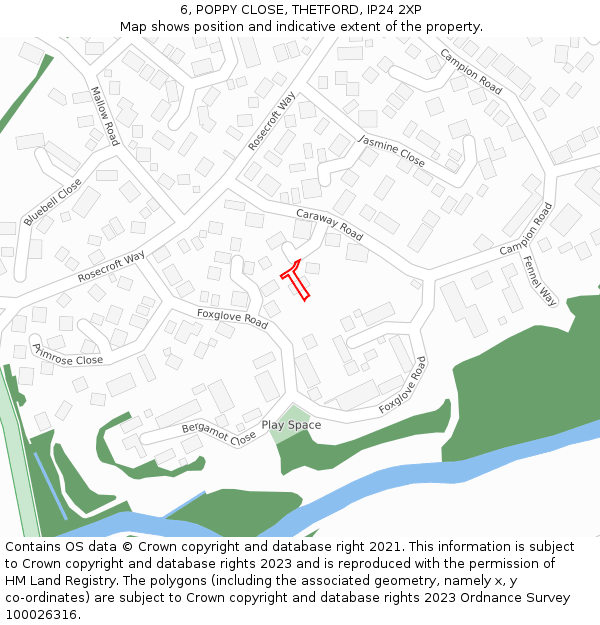6, POPPY CLOSE, THETFORD, IP24 2XP: Location map and indicative extent of plot