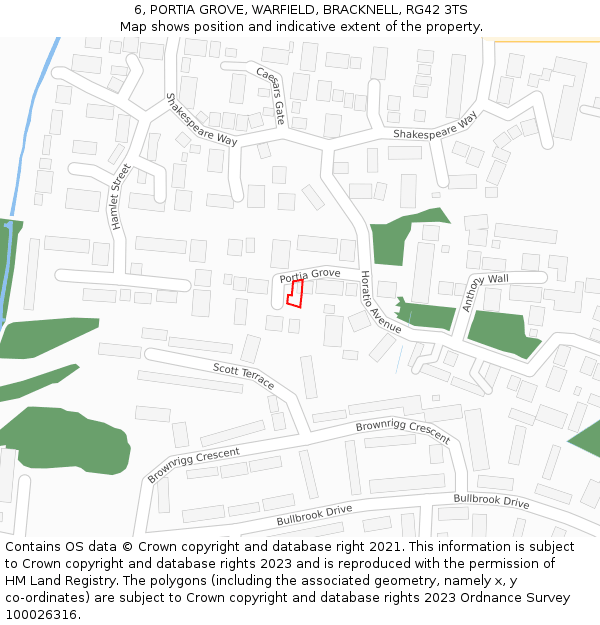 6, PORTIA GROVE, WARFIELD, BRACKNELL, RG42 3TS: Location map and indicative extent of plot