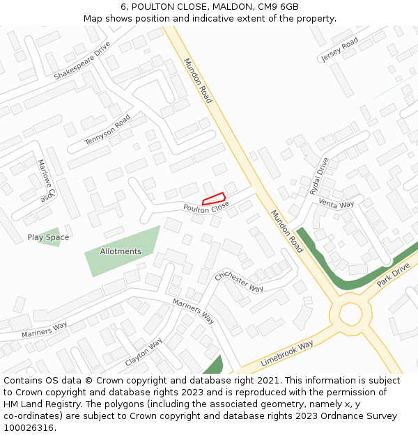 6, POULTON CLOSE, MALDON, CM9 6GB: Location map and indicative extent of plot