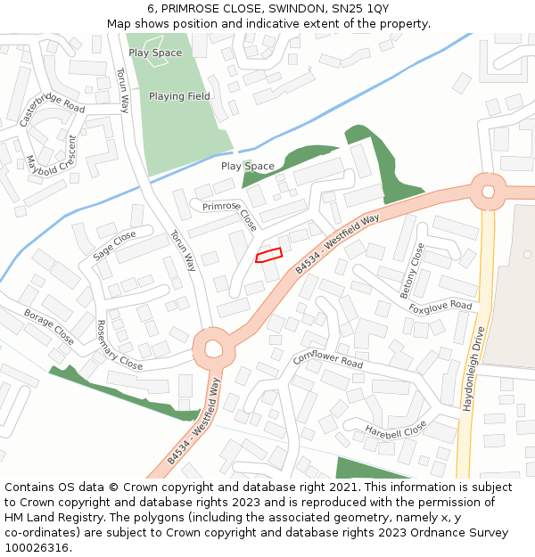 6, PRIMROSE CLOSE, SWINDON, SN25 1QY: Location map and indicative extent of plot
