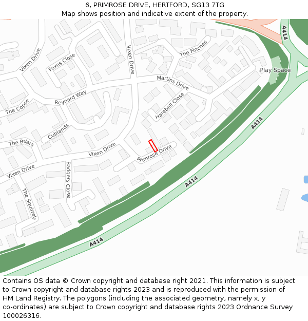 6, PRIMROSE DRIVE, HERTFORD, SG13 7TG: Location map and indicative extent of plot