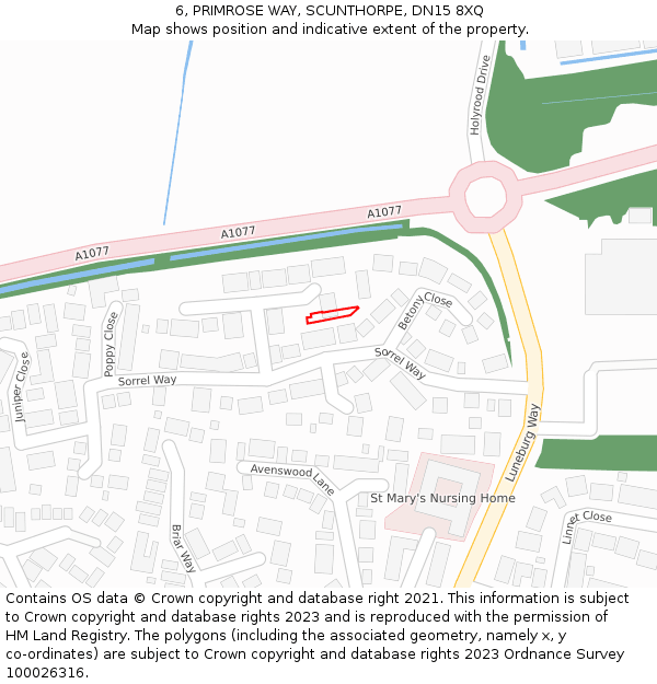 6, PRIMROSE WAY, SCUNTHORPE, DN15 8XQ: Location map and indicative extent of plot