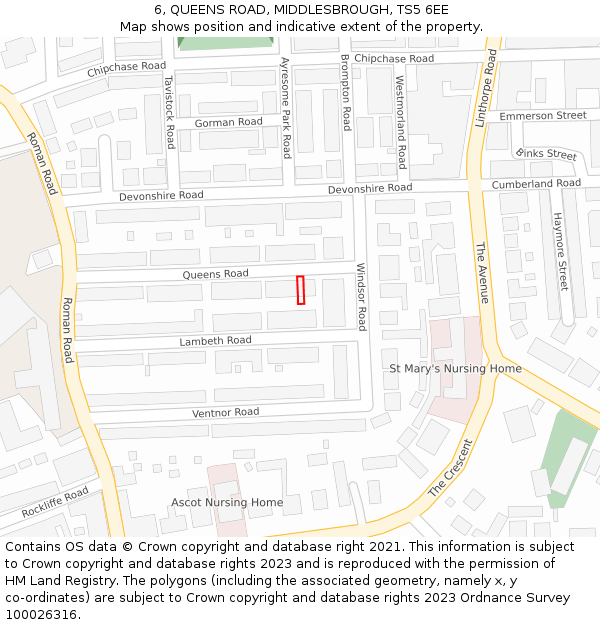 6, QUEENS ROAD, MIDDLESBROUGH, TS5 6EE: Location map and indicative extent of plot