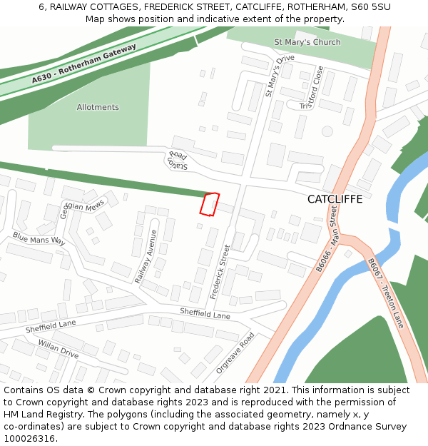 6, RAILWAY COTTAGES, FREDERICK STREET, CATCLIFFE, ROTHERHAM, S60 5SU: Location map and indicative extent of plot