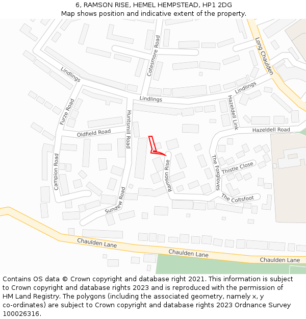 6, RAMSON RISE, HEMEL HEMPSTEAD, HP1 2DG: Location map and indicative extent of plot