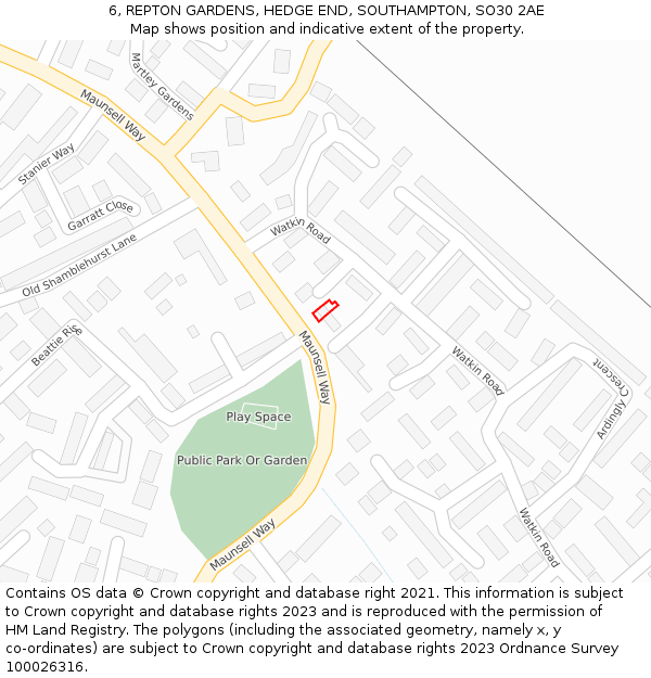 6, REPTON GARDENS, HEDGE END, SOUTHAMPTON, SO30 2AE: Location map and indicative extent of plot