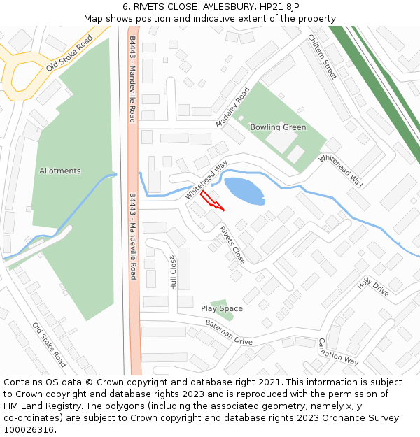 6, RIVETS CLOSE, AYLESBURY, HP21 8JP: Location map and indicative extent of plot