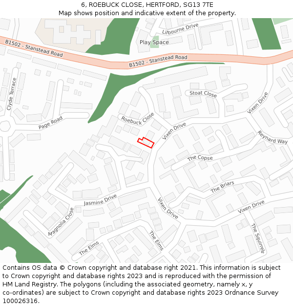 6, ROEBUCK CLOSE, HERTFORD, SG13 7TE: Location map and indicative extent of plot