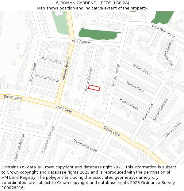 6, ROMAN GARDENS, LEEDS, LS8 2AJ: Location map and indicative extent of plot