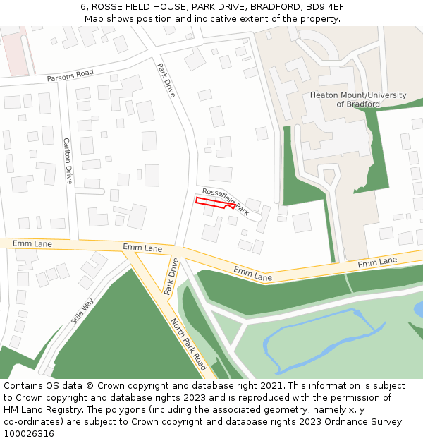 6, ROSSE FIELD HOUSE, PARK DRIVE, BRADFORD, BD9 4EF: Location map and indicative extent of plot