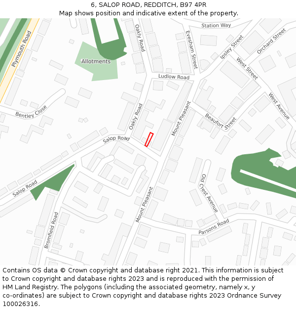 6, SALOP ROAD, REDDITCH, B97 4PR: Location map and indicative extent of plot