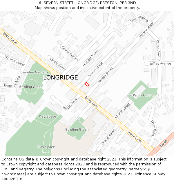 6, SEVERN STREET, LONGRIDGE, PRESTON, PR3 3ND: Location map and indicative extent of plot