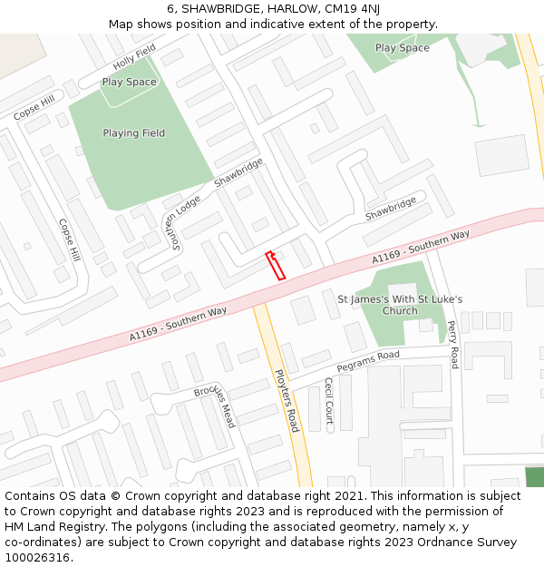 6, SHAWBRIDGE, HARLOW, CM19 4NJ: Location map and indicative extent of plot