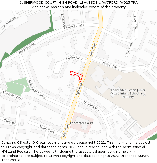 6, SHERWOOD COURT, HIGH ROAD, LEAVESDEN, WATFORD, WD25 7PA: Location map and indicative extent of plot