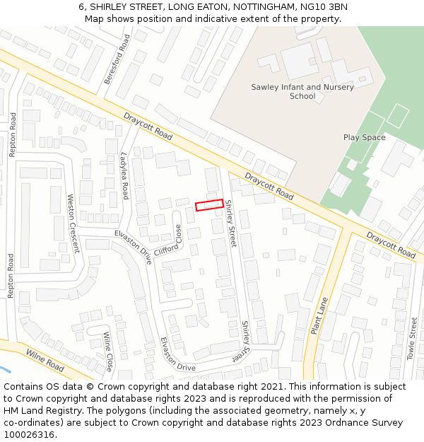 6, SHIRLEY STREET, LONG EATON, NOTTINGHAM, NG10 3BN: Location map and indicative extent of plot