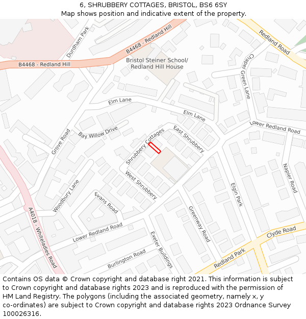 6, SHRUBBERY COTTAGES, BRISTOL, BS6 6SY: Location map and indicative extent of plot