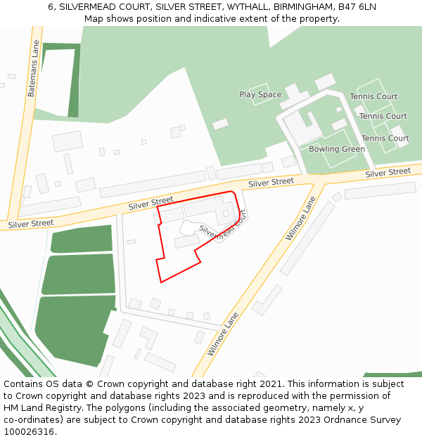 6, SILVERMEAD COURT, SILVER STREET, WYTHALL, BIRMINGHAM, B47 6LN: Location map and indicative extent of plot