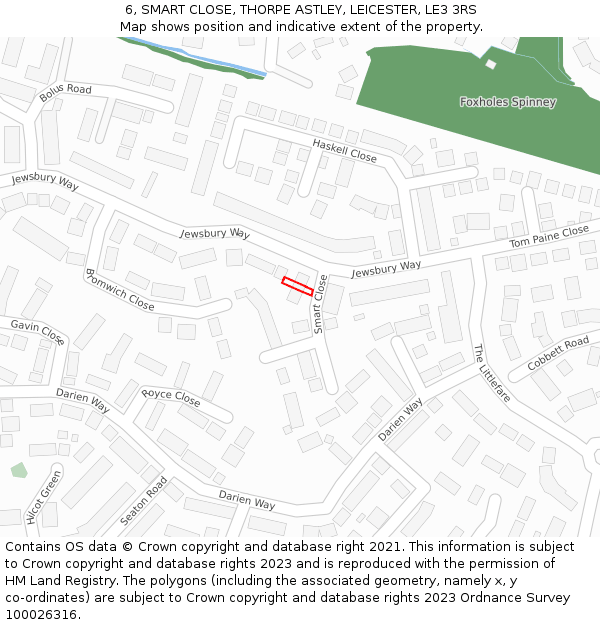 6, SMART CLOSE, THORPE ASTLEY, LEICESTER, LE3 3RS: Location map and indicative extent of plot