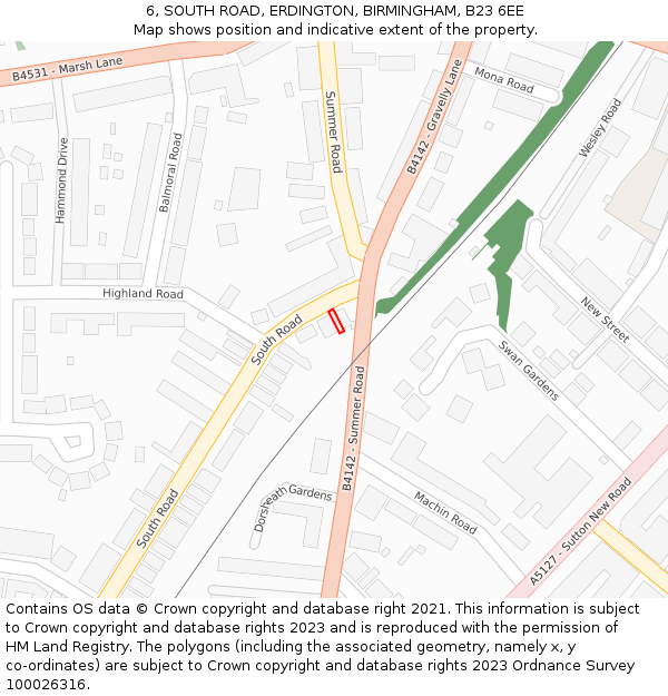 6, SOUTH ROAD, ERDINGTON, BIRMINGHAM, B23 6EE: Location map and indicative extent of plot