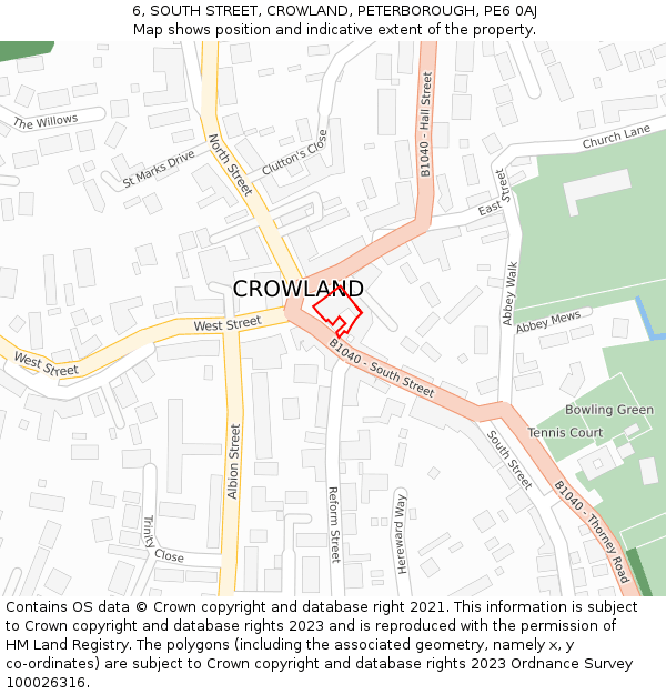 6, SOUTH STREET, CROWLAND, PETERBOROUGH, PE6 0AJ: Location map and indicative extent of plot