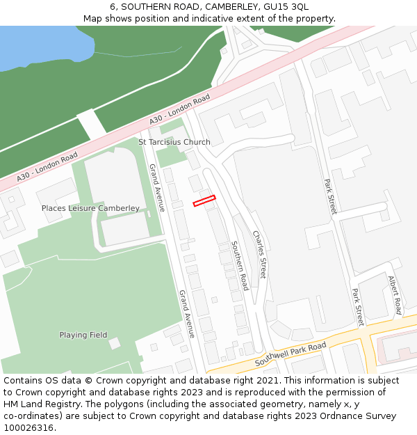 6, SOUTHERN ROAD, CAMBERLEY, GU15 3QL: Location map and indicative extent of plot