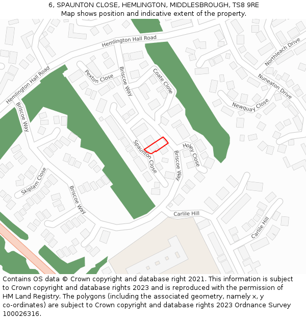 6, SPAUNTON CLOSE, HEMLINGTON, MIDDLESBROUGH, TS8 9RE: Location map and indicative extent of plot