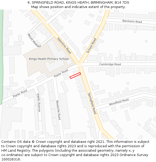 6, SPRINGFIELD ROAD, KINGS HEATH, BIRMINGHAM, B14 7DS: Location map and indicative extent of plot