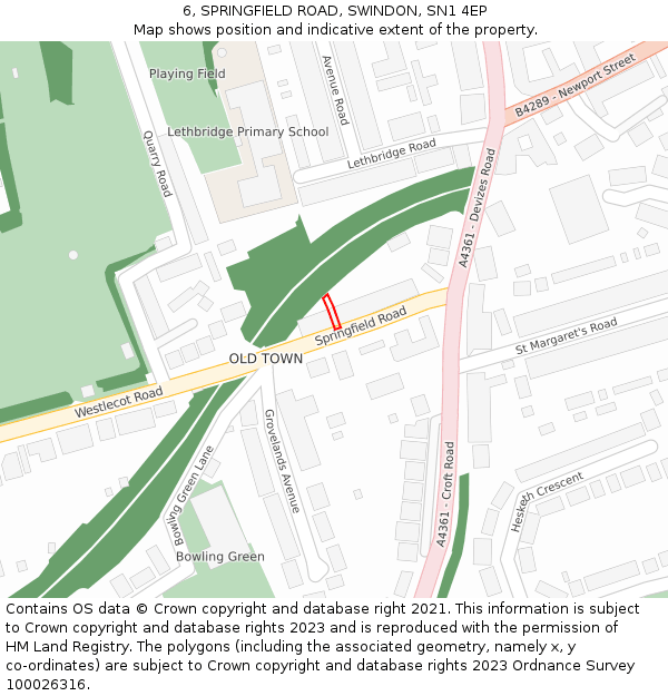 6, SPRINGFIELD ROAD, SWINDON, SN1 4EP: Location map and indicative extent of plot