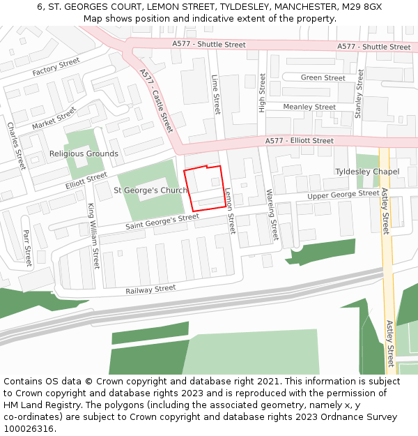 6, ST. GEORGES COURT, LEMON STREET, TYLDESLEY, MANCHESTER, M29 8GX: Location map and indicative extent of plot