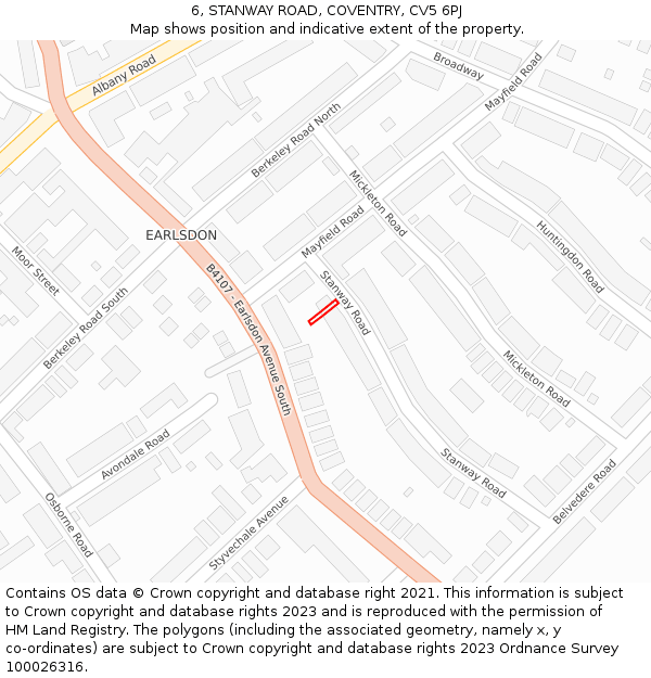 6, STANWAY ROAD, COVENTRY, CV5 6PJ: Location map and indicative extent of plot