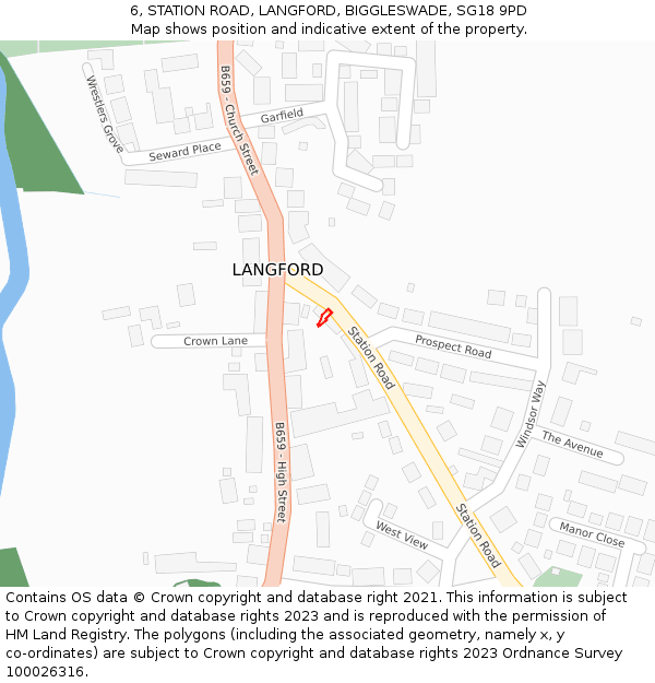 6, STATION ROAD, LANGFORD, BIGGLESWADE, SG18 9PD: Location map and indicative extent of plot