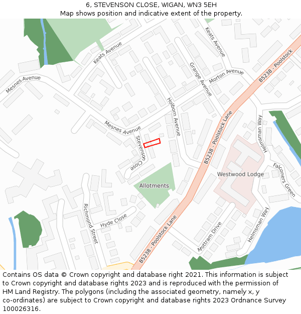 6, STEVENSON CLOSE, WIGAN, WN3 5EH: Location map and indicative extent of plot