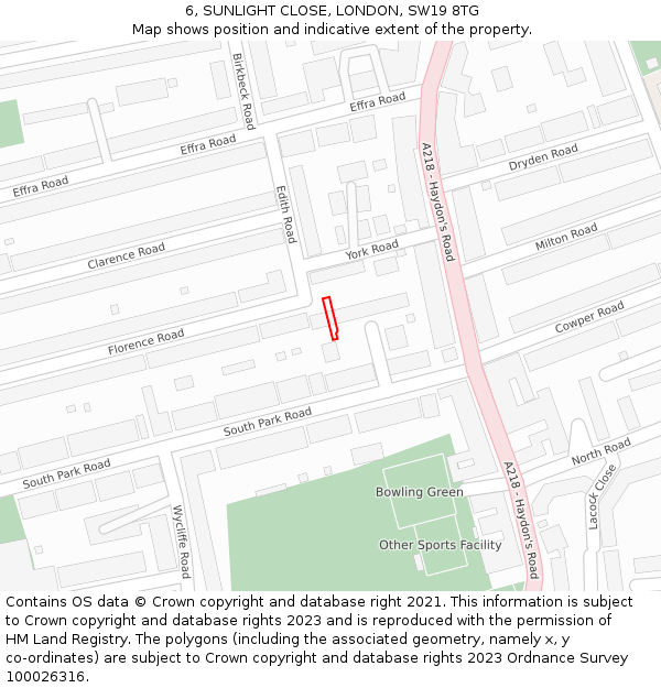 6, SUNLIGHT CLOSE, LONDON, SW19 8TG: Location map and indicative extent of plot